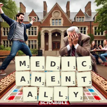 Creative illustration for a Scrabble game with the word MEDICAMENTALLY spelled out in tiles on the board.