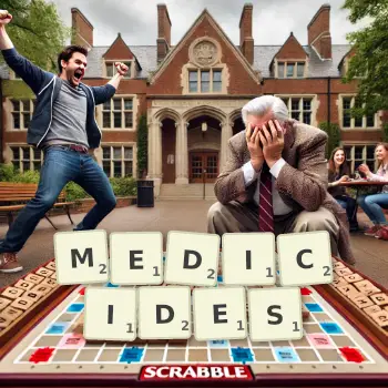 Creative illustration for a Scrabble game with the word MEDICIDES spelled out in tiles on the board.
