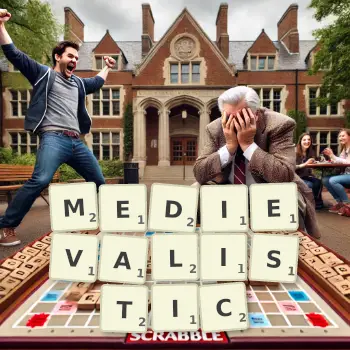 Creative illustration for a Scrabble game with the word MEDIEVALISTIC spelled out in tiles on the board.