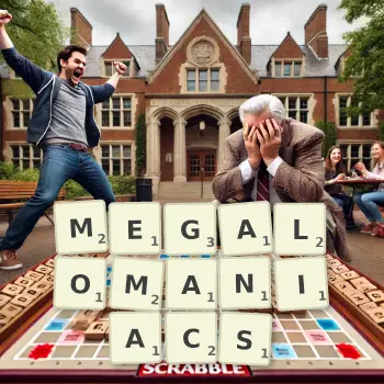 Creative illustration for a Scrabble game with the word MEGALOMANIACS spelled out in tiles on the board.