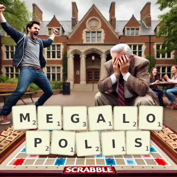 Creative illustration for a Scrabble game with the word MEGALOPOLIS spelled out in tiles on the board.