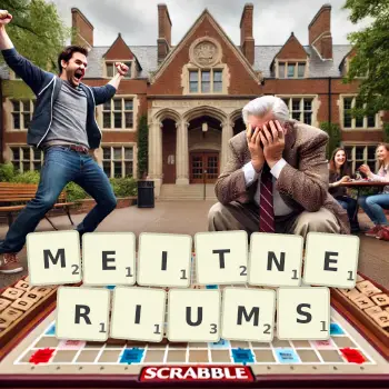 Creative illustration for a Scrabble game with the word MEITNERIUMS spelled out in tiles on the board.