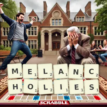 Creative illustration for a Scrabble game with the word MELANCHOLIES spelled out in tiles on the board.