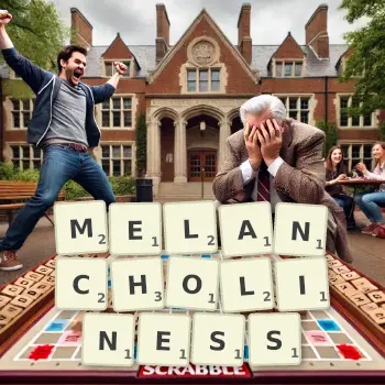 Creative illustration for a Scrabble game with the word MELANCHOLINESS spelled out in tiles on the board.