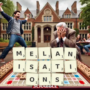 Creative illustration for a Scrabble game with the word MELANISATIONS spelled out in tiles on the board.