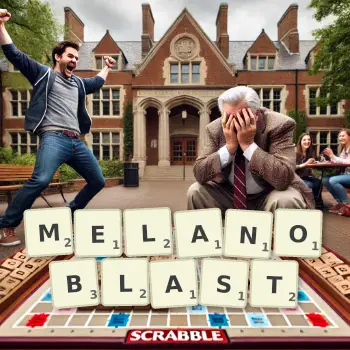 Creative illustration for a Scrabble game with the word MELANOBLAST spelled out in tiles on the board.
