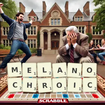 Creative illustration for a Scrabble game with the word MELANOCHROIC spelled out in tiles on the board.