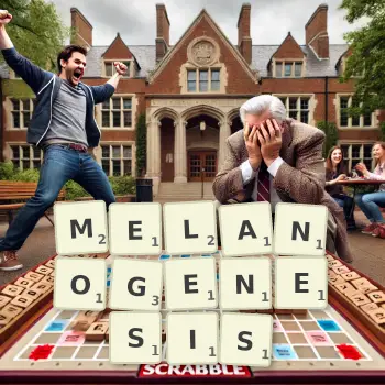 Creative illustration for a Scrabble game with the word MELANOGENESIS spelled out in tiles on the board.
