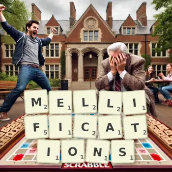 Creative illustration for a Scrabble game with the word MELLIFICATIONS spelled out in tiles on the board.