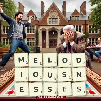 Creative illustration for a Scrabble game with the word MELODIOUSNESSES spelled out in tiles on the board.