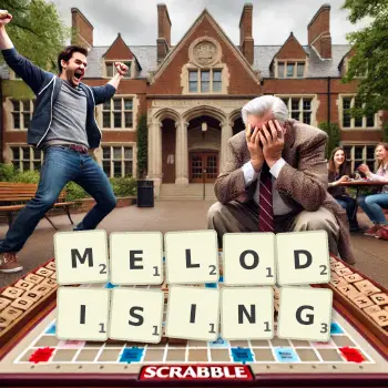 Creative illustration for a Scrabble game with the word MELODISING spelled out in tiles on the board.