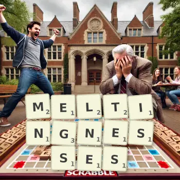 Creative illustration for a Scrabble game with the word MELTINGNESSES spelled out in tiles on the board.