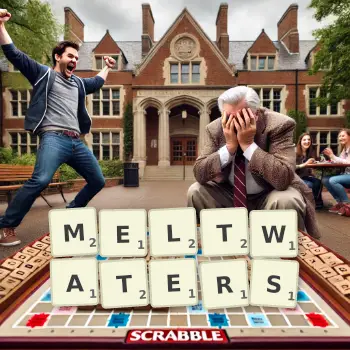 Creative illustration for a Scrabble game with the word MELTWATERS spelled out in tiles on the board.