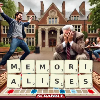 Creative illustration for a Scrabble game with the word MEMORIALISES spelled out in tiles on the board.