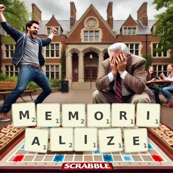 Creative illustration for a Scrabble game with the word MEMORIALIZE spelled out in tiles on the board.