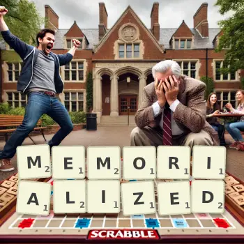 Creative illustration for a Scrabble game with the word MEMORIALIZED spelled out in tiles on the board.
