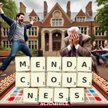 Creative illustration for a Scrabble game with the word MENDACIOUSNESS spelled out in tiles on the board.