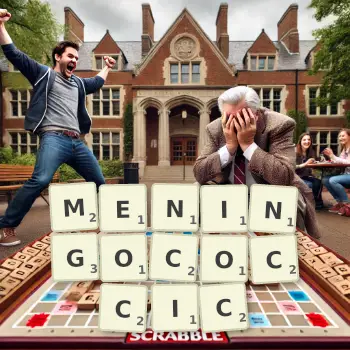 Creative illustration for a Scrabble game with the word MENINGOCOCCIC spelled out in tiles on the board.