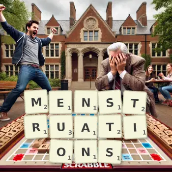 Creative illustration for a Scrabble game with the word MENSTRUATIONS spelled out in tiles on the board.