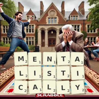 Creative illustration for a Scrabble game with the word MENTALISTICALLY spelled out in tiles on the board.