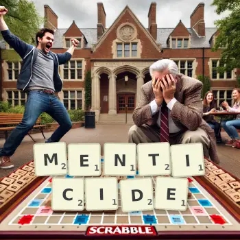 Creative illustration for a Scrabble game with the word MENTICIDE spelled out in tiles on the board.