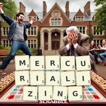 Creative illustration for a Scrabble game with the word MERCURIALIZING spelled out in tiles on the board.