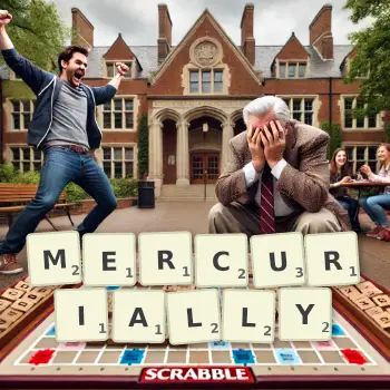 Creative illustration for a Scrabble game with the word MERCURIALLY spelled out in tiles on the board.