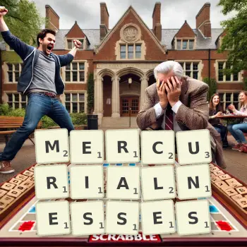 Creative illustration for a Scrabble game with the word MERCURIALNESSES spelled out in tiles on the board.