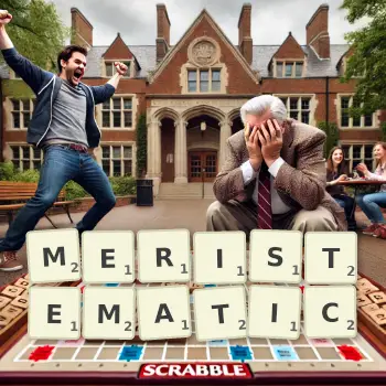 Creative illustration for a Scrabble game with the word MERISTEMATIC spelled out in tiles on the board.