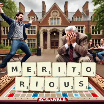 Creative illustration for a Scrabble game with the word MERITORIOUS spelled out in tiles on the board.