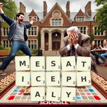 Creative illustration for a Scrabble game with the word MESATICEPHALY spelled out in tiles on the board.