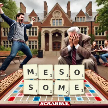 Creative illustration for a Scrabble game with the word MESOSOME spelled out in tiles on the board.