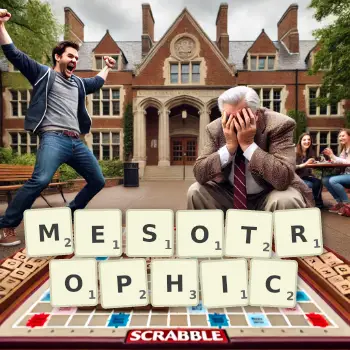 Creative illustration for a Scrabble game with the word MESOTROPHIC spelled out in tiles on the board.