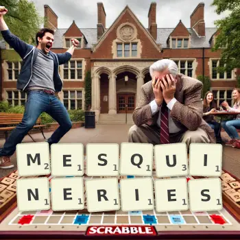 Creative illustration for a Scrabble game with the word MESQUINERIES spelled out in tiles on the board.