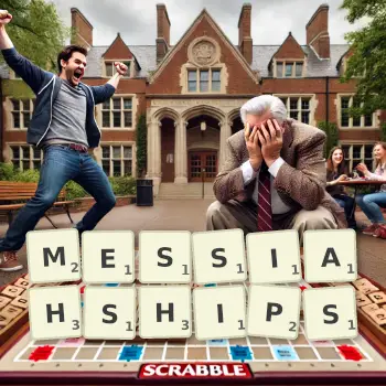 Creative illustration for a Scrabble game with the word MESSIAHSHIPS spelled out in tiles on the board.