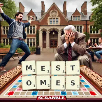 Creative illustration for a Scrabble game with the word MESTOMES spelled out in tiles on the board.