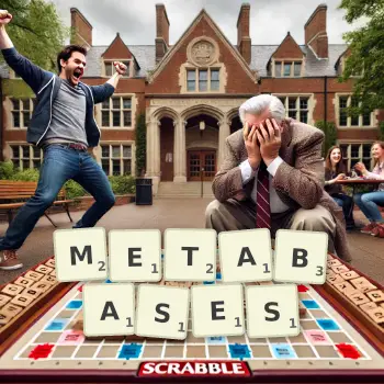 Creative illustration for a Scrabble game with the word METABASES spelled out in tiles on the board.