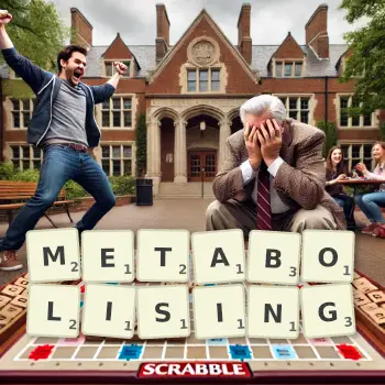 Creative illustration for a Scrabble game with the word METABOLISING spelled out in tiles on the board.