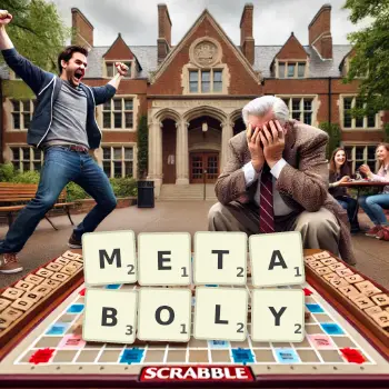 Creative illustration for a Scrabble game with the word METABOLY spelled out in tiles on the board.