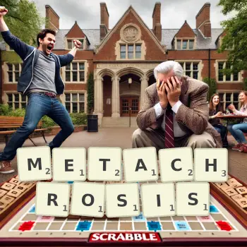 Creative illustration for a Scrabble game with the word METACHROSIS spelled out in tiles on the board.