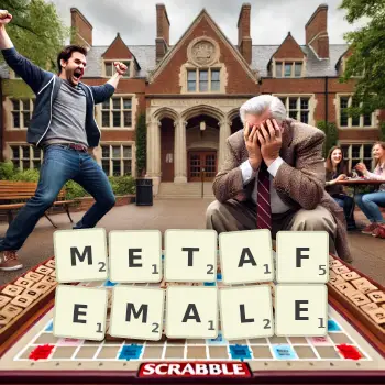 Creative illustration for a Scrabble game with the word METAFEMALE spelled out in tiles on the board.