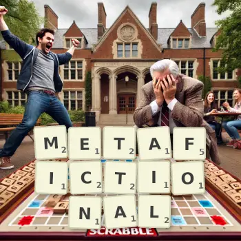 Creative illustration for a Scrabble game with the word METAFICTIONAL spelled out in tiles on the board.
