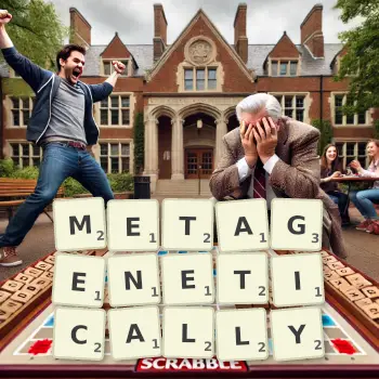 Creative illustration for a Scrabble game with the word METAGENETICALLY spelled out in tiles on the board.