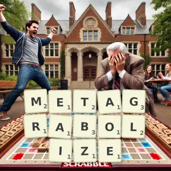 Creative illustration for a Scrabble game with the word METAGRABOLIZE spelled out in tiles on the board.