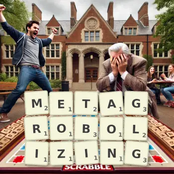 Creative illustration for a Scrabble game with the word METAGROBOLIZING spelled out in tiles on the board.