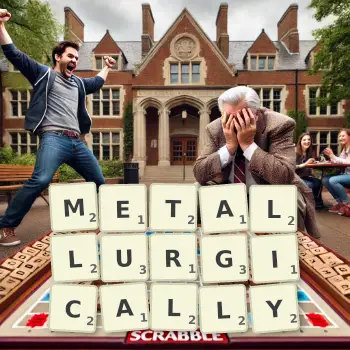 Creative illustration for a Scrabble game with the word METALLURGICALLY spelled out in tiles on the board.