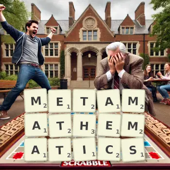 Creative illustration for a Scrabble game with the word METAMATHEMATICS spelled out in tiles on the board.