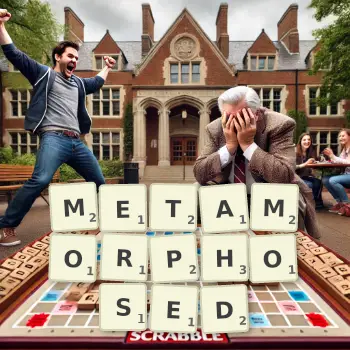 Creative illustration for a Scrabble game with the word METAMORPHOSED spelled out in tiles on the board.