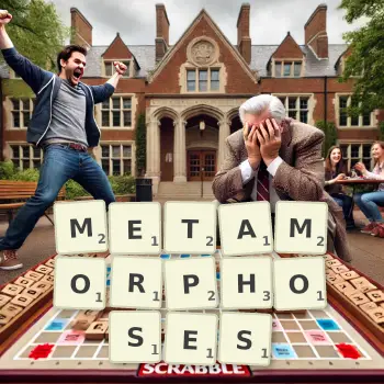 Creative illustration for a Scrabble game with the word METAMORPHOSES spelled out in tiles on the board.