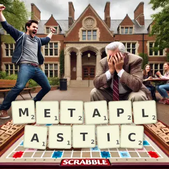 Creative illustration for a Scrabble game with the word METAPLASTIC spelled out in tiles on the board.